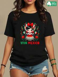 Casual Blouses For Women, Black T-Shirt With Cute Mexican Doll And Phrase "Viva Mexico", Ideal For Patriotic Holidays And National Pride, Comfortable Cotton Women's Tops. - 黑色 - 查看 4