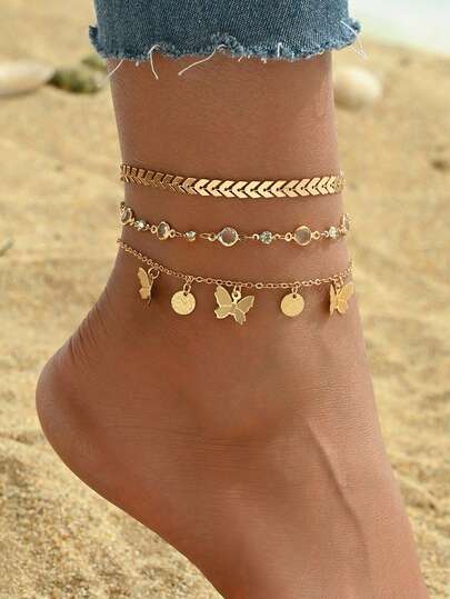 3pcs/Set Summer Minimalist Gold Metal Airplane Chain, Round Disc, Butterfly Tassel Anklet, Handmade Rhinestone Chain Jewelry For Women, Suitable For Daily Wear, Beach Party, Travel