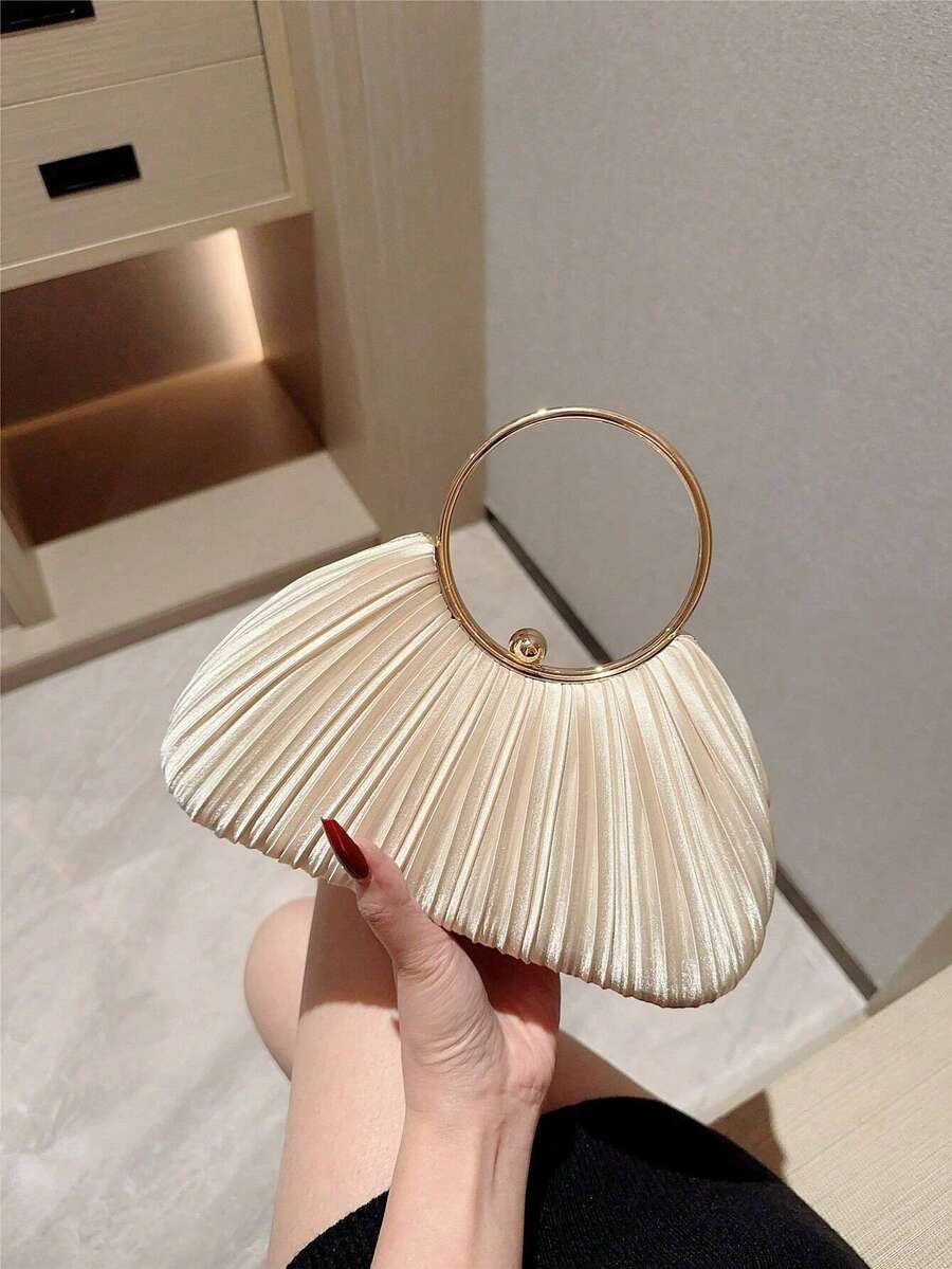 1pc Women's Elegant Pleated Box Design Party Handbag, Luxury Rhinestone Clutch, Charming Formal Evening Bag Suitable For Date, Dance, Birthday, Party And Other Formal Occasions, Prom Bag For Party, Clutch Bag For Wedding, Party Bags,Perfect For Party Wedding Prom Dinner/Banquet Matching With Holiday Party Dress Evening Dress & Sequin Dress ,Wedding , Wedding , Sequin - 杏色 - 查看 1