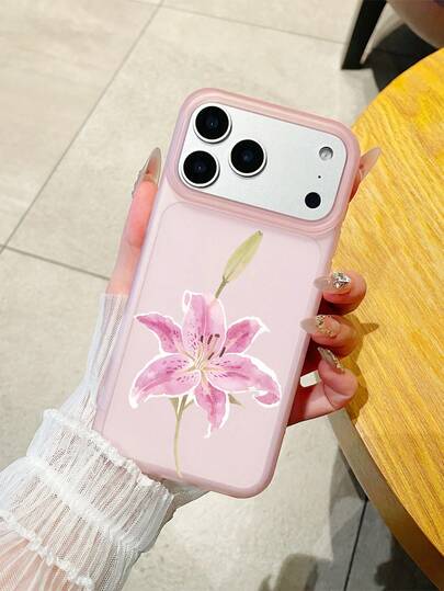 Husă de telefon elegantă cu model floral de crin roz, semi-transparentă, mată, roz, antiderapantă, anti-cădere, anti-zgârieturi, la modă, husă de telefon cu flori, cadou pentru fete în stil, husă de telefon pentru iubitorii de estetică florală, utilizare zilnică, compatibilă cu 11/12/13/14/15/16/16 Plus/16 Pro/16 Pro Max/17/17 Pro/17 Pro Max, utilizare zilnică / alegere cadou, livrare rapidă