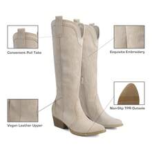 Womens Vintage Embroidered Western Boots Cowboy Knee High Boots Comfortable Pull On Side Zipper Chunky Heel Cowgirl  Retro Tall Boots - Màu be - Xem 2