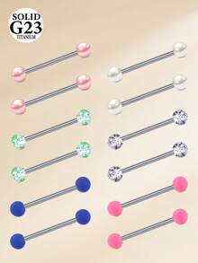 14G 12 Pcs Colorful Ball Tongue RingsTitanium Alloy Barbell Tongue Straight Ring Retainer Nipple Ring Bar Length 12mm 14mm 16mm 18mm For Women Men - Multicolor - View 3