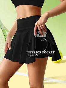 Falda de tenis de cintura alta para mujer con forro de pantalón corto y bolsillos laterales. - Negro - Ver 4