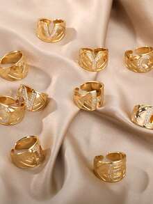 1pc Luxury Zirconia Letter Ring, Stainless Steel Thick Open Band Ring, Fashionable Hip-Hop Jewelry Gift For Women - Yellow Gold - View 8