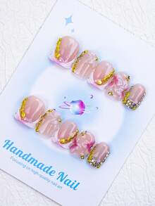 10pcs/Set Handmade Square Nail Tips With French Edge, Carving, Beads, Shells, Rhinestones Elements, Y2K Baddie Style, Nude & Pink White Color, Suitable For Party, Wedding, Daily Wear, Includes Tool Kit, Great Gift For Women & Girls Nails Nail Supplies Handmade Press On Nails - Red and White - View 3