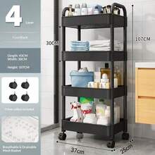 4-Tier Black & White Rolling Storage Cart With Wheels – Rattan-Style Plastic Organizer For Bedroom, Kitchen, Bathroom & Office | Mobile Shelf For Books, Snacks, Cosmetics & Tools Home Organization Essential For Renters, Students & Minimalists - màu đen - Xem 7