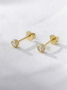 1对S925纯银耳钉，女士简约精致小钻耳钉，百搭日常佩戴饰品 - 金色 - 查看 3
