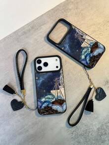 1件装 时尚新款个性化复古波浪摇滚航海图案荔枝纹理防摔防滑软手机壳+心形挂绳，兼容苹果手机 - 彩色 - 查看 4