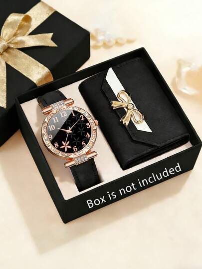 2PCS Luxury Cool Watch And Wallet Set, Belonging To Women's Accessory Collections, Includes A Floral Women's Quartz Watch And A Bow Black Wallet. The Rose Gold Watch Case Paired With A Black Leather Strap Presents A Refined And Capable Style, Fully Showcasing Elegant Taste