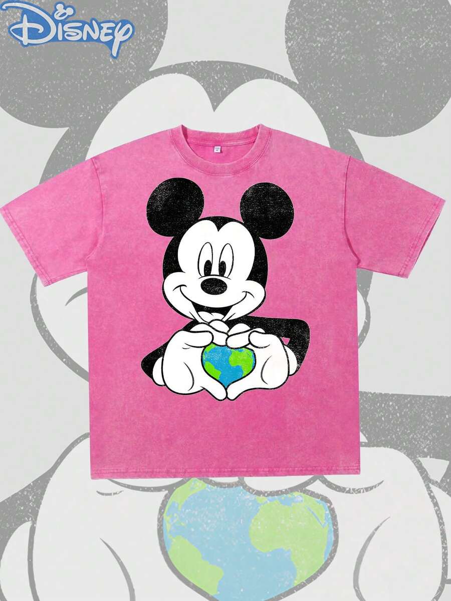 Disney Mickey Mouse Birthday Gift Short-Sleeved Men's Summer T-Shirt, Distressed Effect, One-Piece Design, Pure Cotton Fabric, Comfortable And Breathable, Casual Outdoor Street Style, Crew Neck; A High-Quality Fashion Brand, It Is An Ideal Surprise Gift For Family And Friends. - 玫紅色 - 查看 1