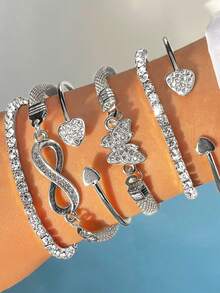 Set de 6 piezas de pulseras brazalete de moda minimalista de lujo con multi-capas, adornadas con cristales en forma de mariposa, corazón y símbolo del infinito, accesorios elegantes para mujeres - Plateado - Ver 3