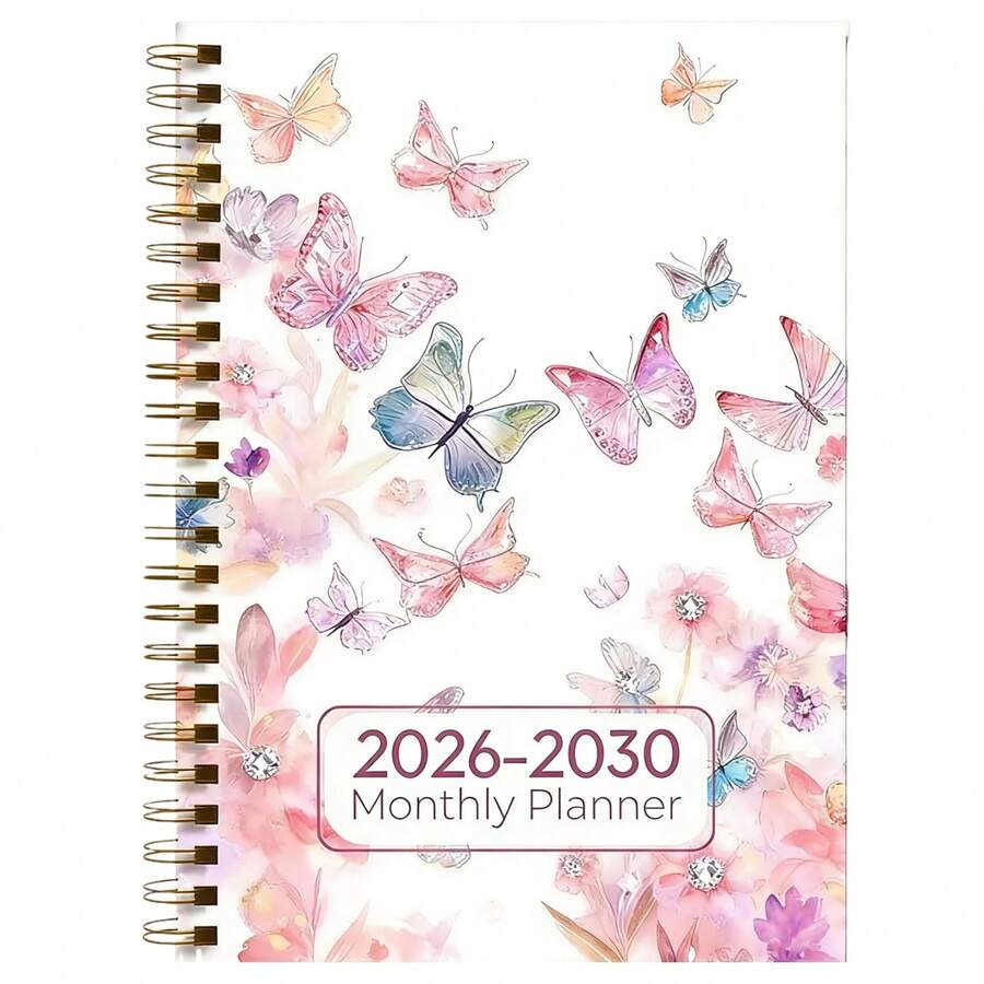 Sổ kế hoạch/lịch tháng 2026-2030 - Tháng 1 năm 2026 đến tháng 12 năm 2030, lịch 5 năm, thiết kế hoa bướm tím, lịch lập kế hoạch hàng năm, phân chia tháng, lịch 60 tháng, kích thước 5.5" x 8.3", 71 tờ/142 trang giấy dày, bìa chun, gáy xoắn bền chắc, cán màng, có túi đựng, quà tặng ngày lễ, năm mới, ngày Valentine. - A5 - Xem 1