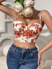 Áo kiểu nữ có dây đeo điều chỉnh được, họa tiết hoa, cổ hình trái tim, thắt eo. - trái cam - Xem 3