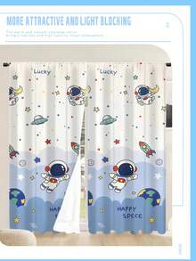 2 Paneles de cortina decorativa con diseño impreso de astronauta, cohete, planeta y estrellas para habitación de niños, fácil de limpiar - lavable a máquina - Multicolor - Ver 3