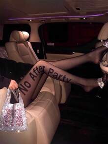 1 Pc Women's Black Pantyhose With Letter Print – Sheer Tights, Lightweight For Summer Daily Wear - Black - View 3