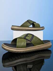 男士休闲交叉PVC带平底拖鞋，EVA夏季凉鞋 - 軍綠色 - 查看 4