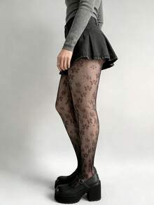 1件装女士春夏蕾丝提花连裤袜，防勾丝渔网袜 - 彩色 - 查看 2