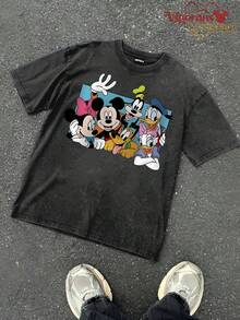 Disney Vintage Washed 230g Casual T-Shirt |  Classic Characters Family Photo Print Short Sleeve - Black - View 2