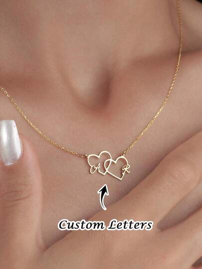 1pc Customized Double Heart Letter Necklace, Stainless Steel Necklace, Customizable Letter, Personalized Couple Jewelry, Customized Letter Necklace, Wedding Necklace, Engagement Necklace, Customized Gift, Personalized Letter Gift, Valentine's Day Gift, Ramadan Gift, Mother's Day Gift, Birthday Gift, Anniversary Gift, Music Festival Gift, Personalized Gift