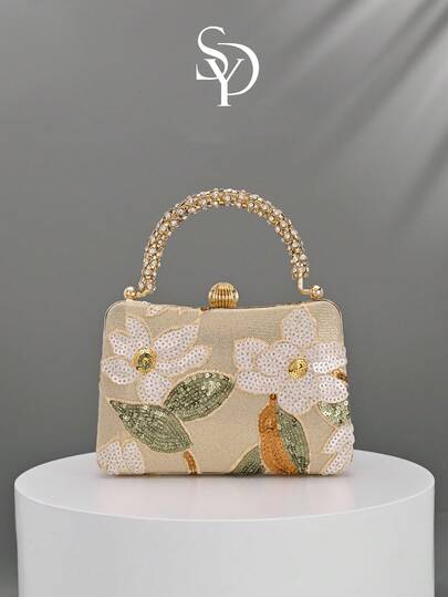 1pc Fashionable Floral Pattern Women's Handbag, Vintage Champagne Sequin Embroidered Flower Chain Evening Bag, Suitable For Party Girls, Brides, Newlyweds, And Office Workers, Parties, Weddings, Mini Box Bag (Random Pattern)