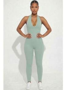 Women's Rib Knit Halter V-Neck Bodycon Jumpsuit - Casual Solid Color, Slim Fit Summer Jumpsuit, Polyester, Machine Washable - Green Bay - View 1