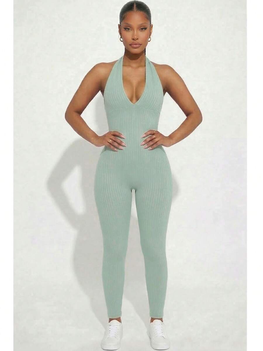 Women's Rib Knit Halter V-Neck Bodycon Jumpsuit - Casual Solid Color, Slim Fit Summer Jumpsuit, Polyester, Machine Washable - Green Bay - View 1