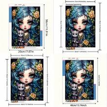1 pièce Peinture de diamant DIY 2D Fille aux cheveux bleus avec chat, personnage de dessin animé animal floral avec forage complet, parfait pour les cadeaux de vacances - Voir 4
