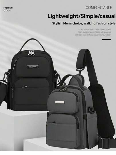 New Solid Color Versatile Nylon Backpack, Large Capacity Multi-Compartment Men's Chest Bag/Messenger Bag/Shoulder Bag For Business Travel
