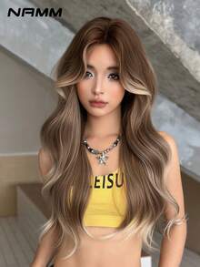 NAMM 1 件 J-Beauty Hime 多功能长款波浪假发，26 英寸焦糖棕色渐变蓬松波浪假发，带灰金色刘海和发根阴影，高密度全机织耐热纤维合成假发，适用于角色扮演、主题派对、日常佩戴和街头时尚配饰 - 漸變金色 - 查看 5