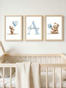 3 件套定制姓名印刷海报，个性化睡熊，蓝云月亮动物印花墙画，儿童房装饰，男孩卧室，生日礼物，无框，旅行收纳 - 藍色 - 查看 23
