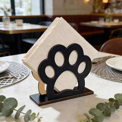 1/4 حامل مناديل خشبي أسود مفرغ بنقوش البصمة والقلب والأدوات المطبخية، مناسب للمطبخ وغرفة الطعام وغرفة المعيشة والمقاهي والديكور المنزلي البسيط