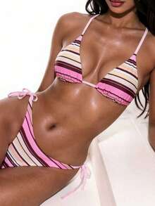 女士吊带条纹比基尼套装，优雅休闲性感高弹力系带泳衣，两件式泳装，适合夏季、度假、海滩、女士假日装、节日、派对和休闲穿着 - 彩色 - 查看 2