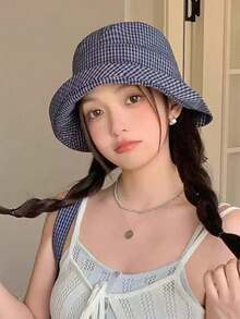 复古格子防风渔夫帽，女士夏季防晒宽檐帽，时尚修脸渔夫帽，休闲涤纶透气防紫外线帽，春夏款 - 帽子 - 查看 4