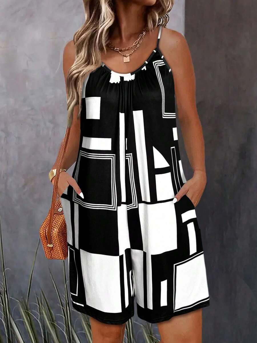 Women's All-Over Print Sleeveless Jumpsuit - Round Neck Spaghetti Strap Jumpsuit, Vacation Beach Outfit, Flowy Summer Short Jumpsuit, Casual Summer Suspender Jumpsuit - Black - View 1