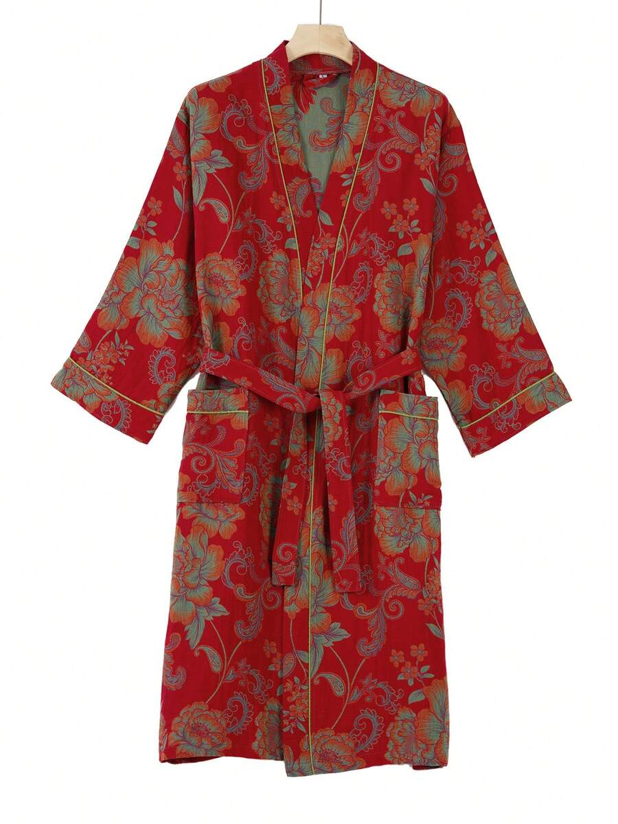 Women Solid Color Soft Bathrobe With Belt & Pockets, Long Sleeve Comfortable Loungewear Sleepwear Casual Soft Home Wear Belted Embroidery Long Sleeve Long Bathrobe Sleepwear Loungewear Nightgown - 紅色 - 查看 1