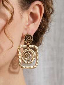1 Pair Retro Bohemian Style Alloy Spiral Textured Dangle Earrings, Gift & Daily Wear For Women - Alloy Square Earrings - View 2