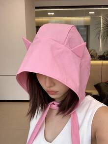 1pc 3-In-1 Cute Tie-Up Cat Ear Bucket Hat, Quick-Dry Sun Protection Cap, Thin Ear-Covering Head Scarf - Tie-on Hat - View 3