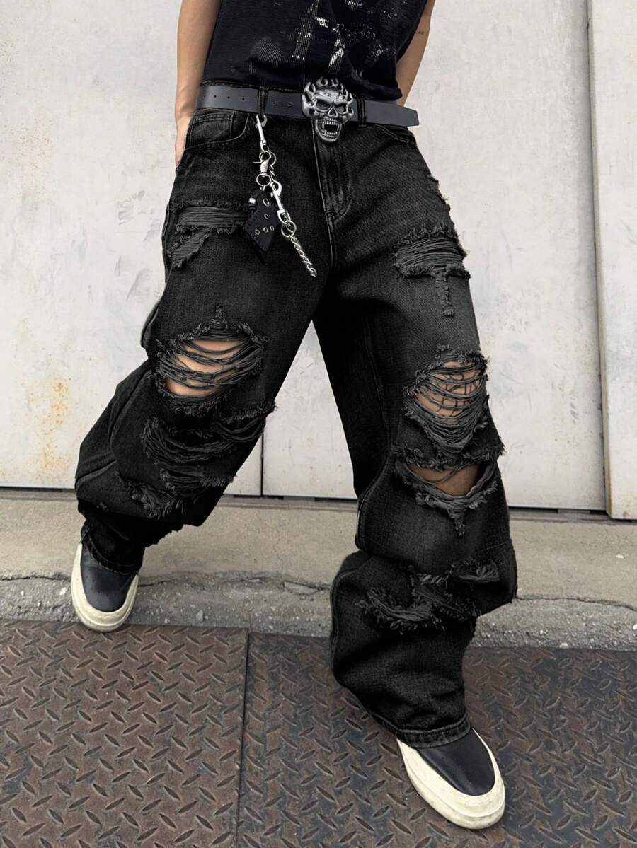 1 chiếc quần jeans nam ống rộng rách rưới, kiểu dáng vintage Mỹ, phong cách đường phố thường ngày, dáng rộng, cỡ lớn (Sản phẩm không bao gồm thắt lưng và phụ kiện) - màu đen - Xem 1