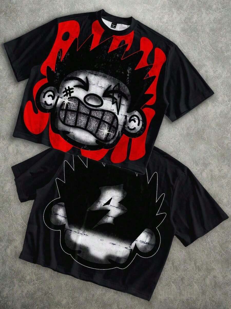Manfinity Roghcode Men's Oversized Distressed Funny Diamond Teeth Tattoo Big Face Allover Print Cropped Loose T-Shirt (High Quality) - Black 3 - View 1