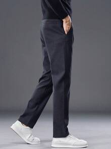 男士纯色休闲裤，带口袋和腰带环 - 藏蓝色 - 查看 4