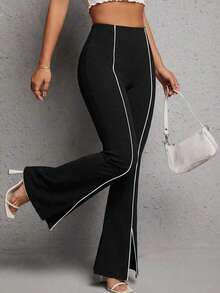 Classic Black Casual Pants With Contrasting White Side Stripes, High-Waisted Slim Fit With Slightly Flared Leg Design To Elongate The Legs, Stretchy Draping Fabric, Retro American Sports Style Suitable For Fitness, Shopping, Outings, Spring/Autumn, Vintage Sports Themed Parties, And Daily Wear. - Black - View 3