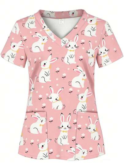 卡通兔子印花V领短袖口袋粉色春季工作服上衣