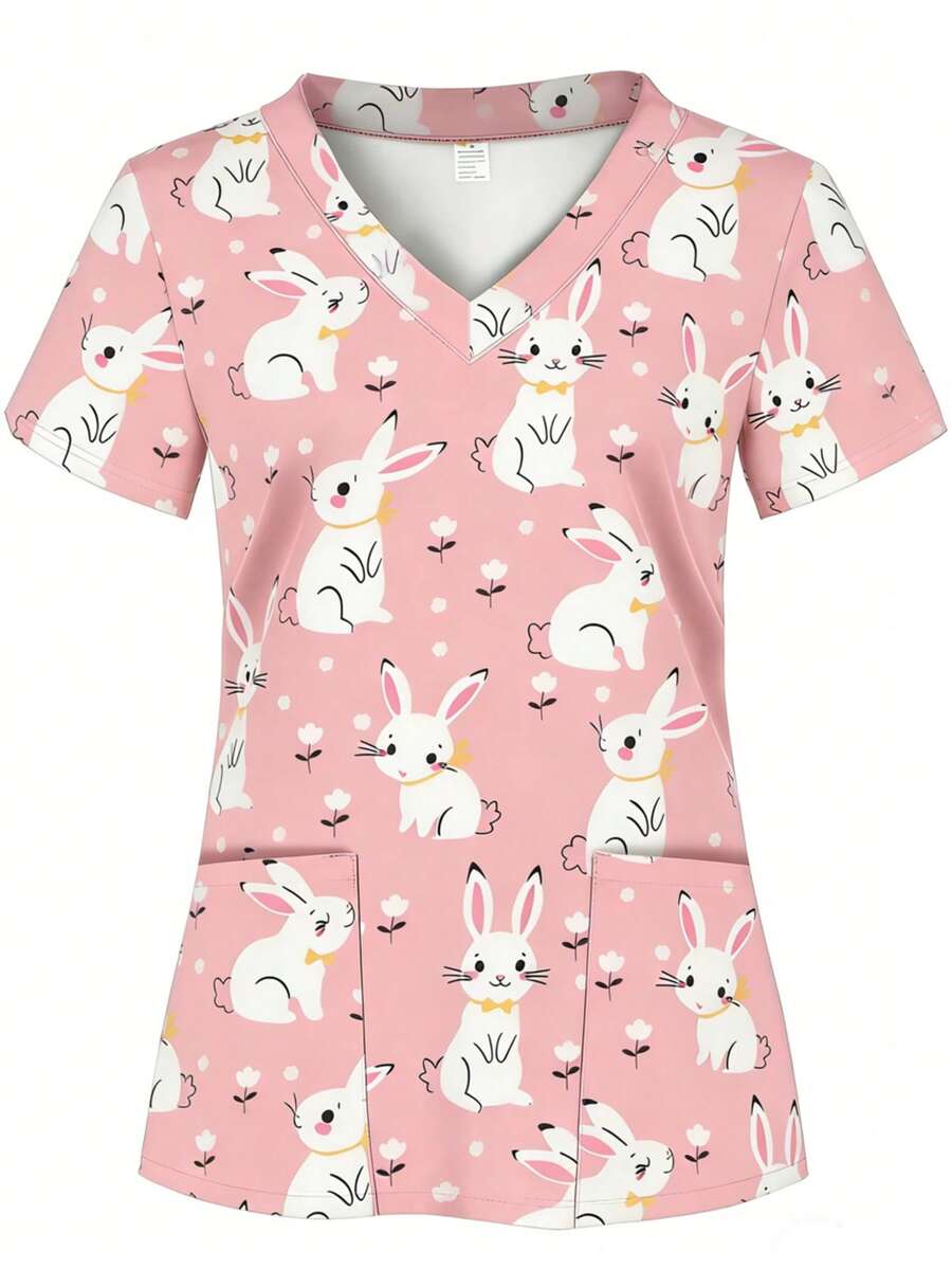Áo đồng phục y tế tay ngắn cổ chữ V in hình thỏ hoạt hình, có túi, màu hồng, mùa xuân. - Hồng - Xem 1
