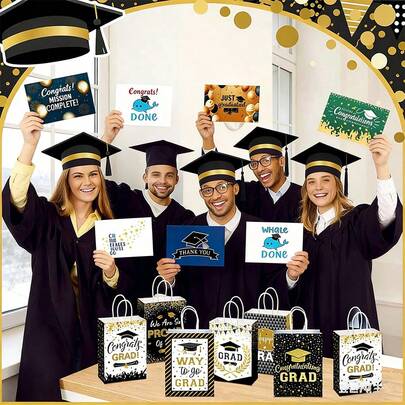 24个/12个/2个毕业纸质礼品袋，手持式毕业派对装饰袋，毕业派对礼品袋和贺卡