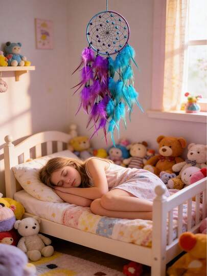 Handmade Bicolor Feather Wind Chime Dreamcatcher Decor, Boho Style Home Decoration For Living Room Bedroom, Holiday Party Gift