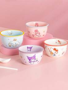 3pcs Sanrio Character Ceramic Rice Bowls, Hello Kitty, Kuromi, Chichi & Lili Designs, Porcelain Material, Colorful Rim, Non-Slip Base, Large Capacity, Microwave & Dishwasher , Heat Resistant, Stackable, Easy To Clean, Cute Tableware, Suitable For Children Boys & Girls, Ideal Gift For Sanrio Fans - Multicolor - View 9