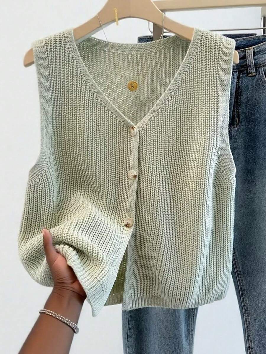 女士百搭V领针织背心，春夏时尚单品，纽扣前开襟无袖针织开衫 - 薄荷綠 - 查看 1