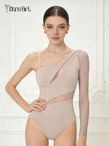 DonsGirl 1 bộ áo liền quần múa ba lê nữ - Thiết kế cổ áo bất đối xứng gợi cảm và phối lưới co giãn, trang phục múa thời trang cho luyện tập/biểu diễn và mặc hàng ngày, quà tặng lễ hội/tiệc tùng mùa xuân - Bụi tím - Xem 2