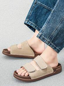 Men's Casual Slippers, Soft Sole One-Strap Slip-On, Non-Slip Simple Beach Shoes, Summer - Brown - View 1