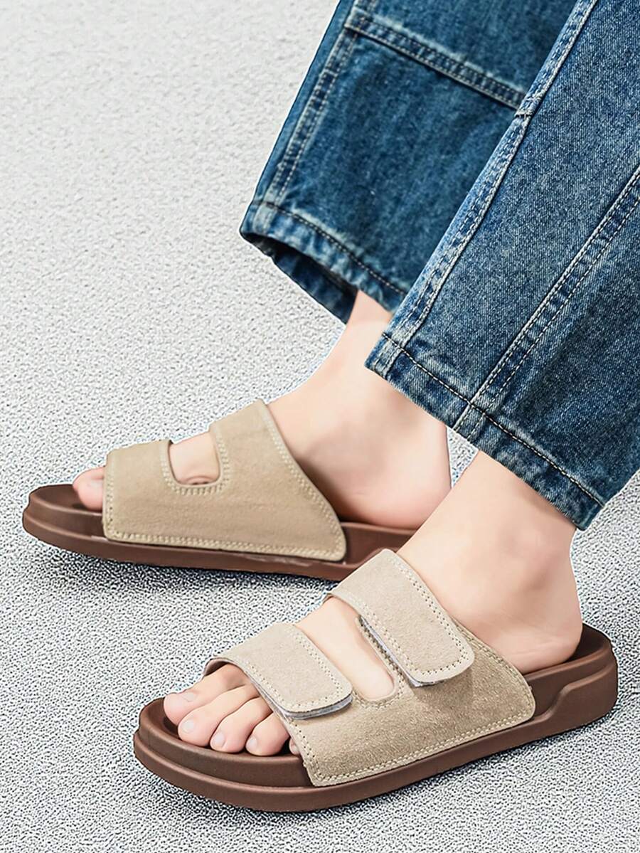 Men's Casual Slippers, Soft Sole One-Strap Slip-On, Non-Slip Simple Beach Shoes, Summer - Brown - View 1